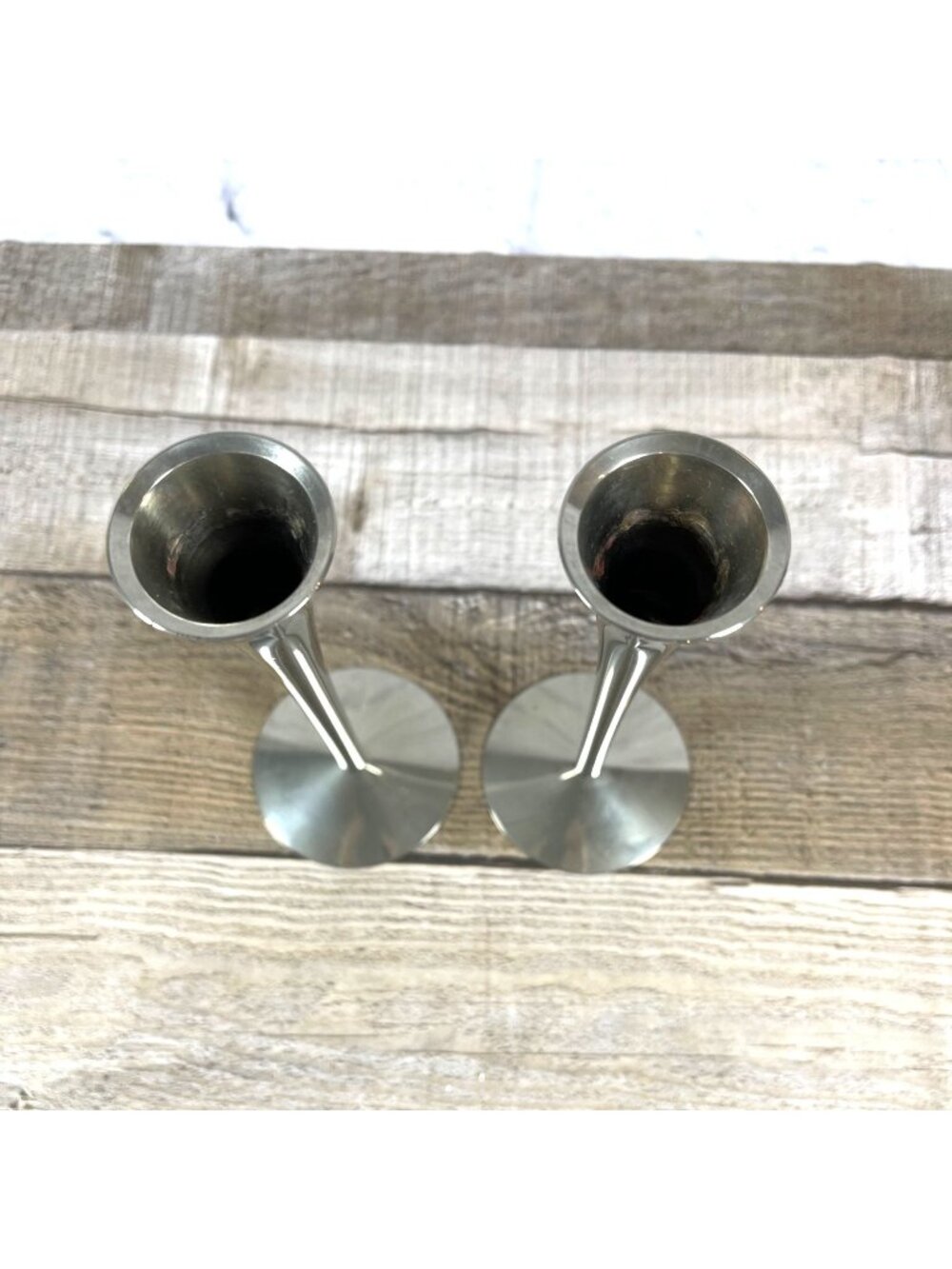 Vintage Pair Solingen Germany Steel Trumpet Candle Holder MCM Taper Candlesticks - Picture 3 of 9